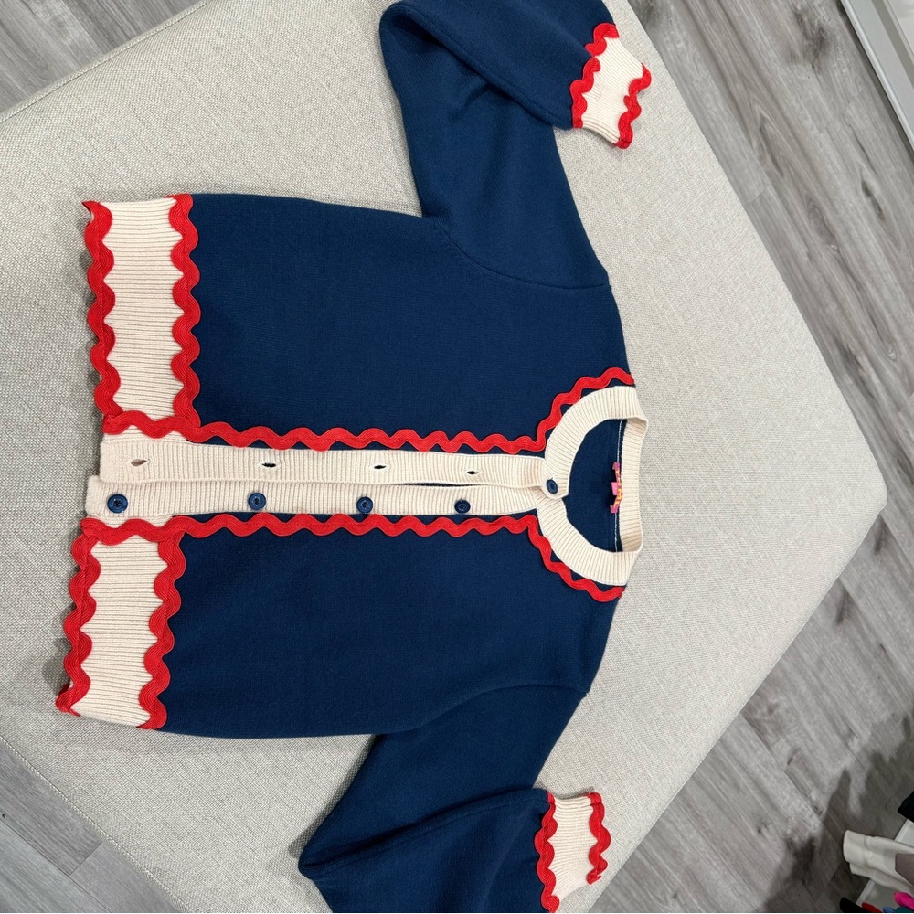 THML Navy and Cream Cardigan with Red Trim - Picture 2 of 4